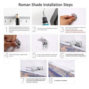 Step-by-step guide for installing Anvige Flat Roman Shades, showing tools, brackets, and mounting instructions for easy setup.