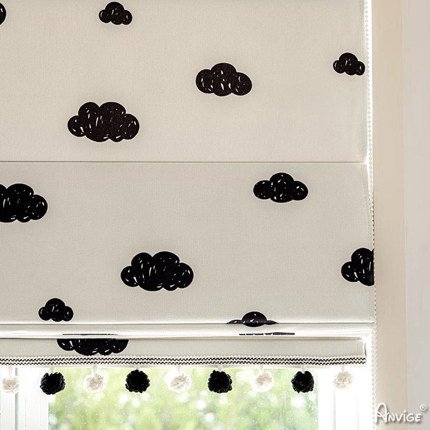 Anvige Home Textile Roman Shade Anvige Flat Roman Shades,Hardware For Installation Included,Window Treatment,Custom Roman Blinds,Black Color Clouds Printed