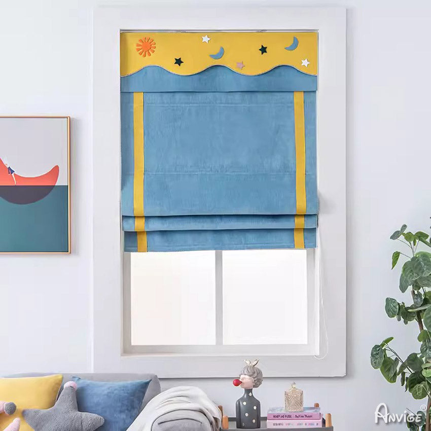 Anvige Home Textile Roman Shade Anvige Flat Roman Shades,Hardware For Installation Included,Window Treatment,Custom Roman Blinds,Blue With Double Yellow Trims