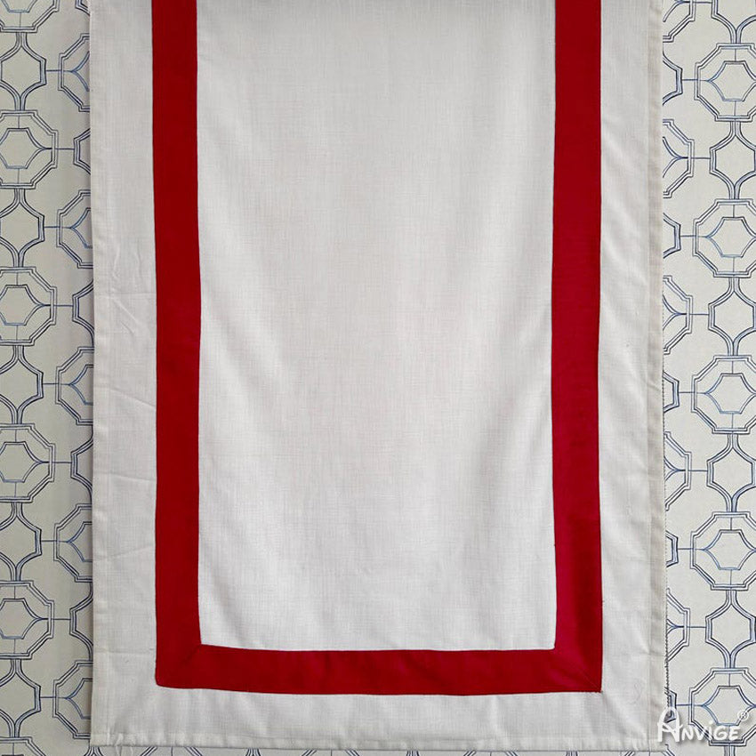 Custom flat Roman shade in white with red border, ideal for light control and easy installation. Stylish window treatment for any room.