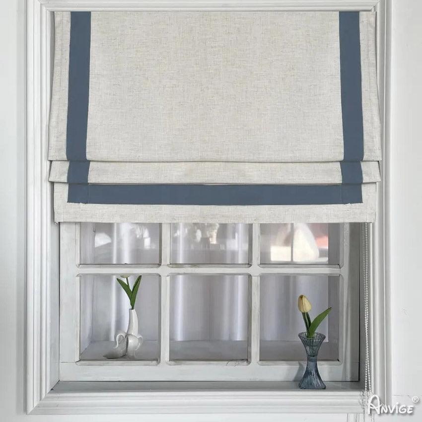 Anvige Home Textile Roman Shade Anvige Flat Roman Shades,Hardware For Installation Included,Window Treatment,Custom Roman Blinds,White With Blue Border Trim