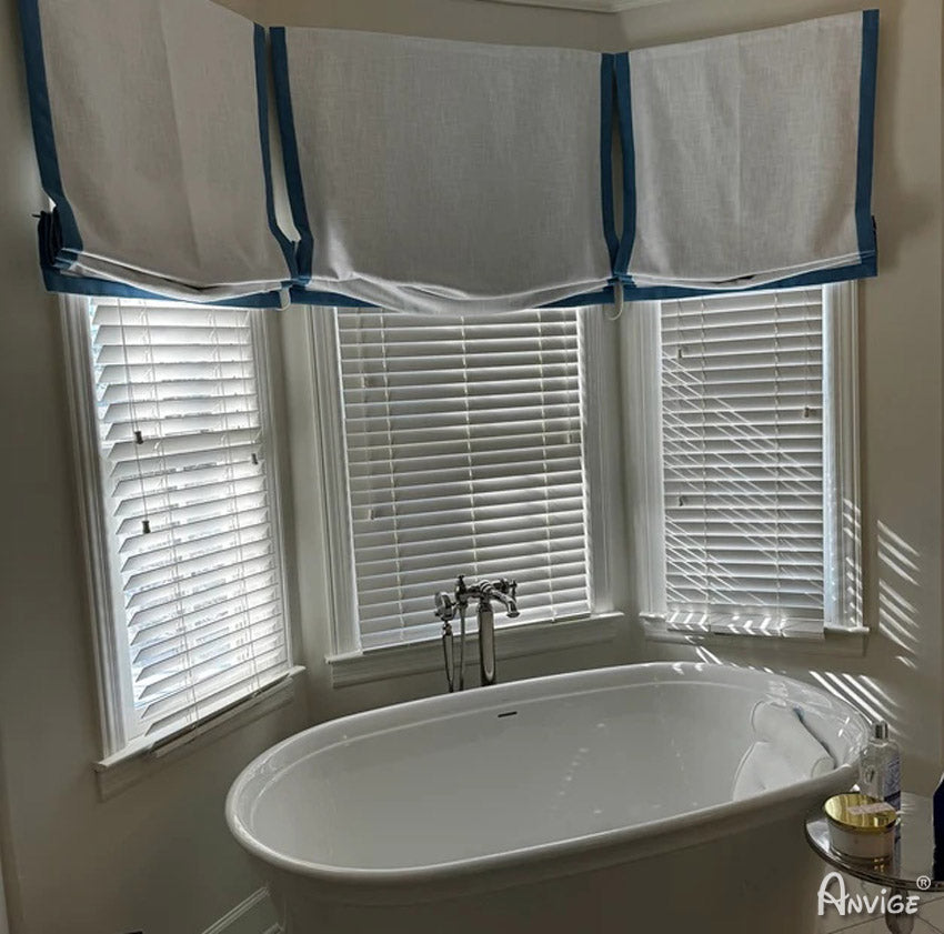 Anvige Home Textile Roman Shade Anvige Flat Roman Shades,Hardware For Installation Included,Window Treatment,Custom Roman Blinds,White With Blue Border Trims