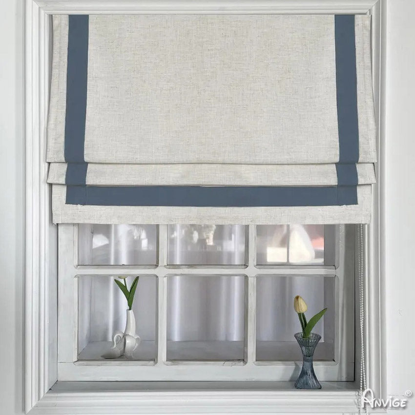 Anvige Home Textile Roman Shade Anvige Flat Roman Shades,Hardware For Installation Included,Window Treatment,Custom Roman Blinds,White With Blue Border Trims