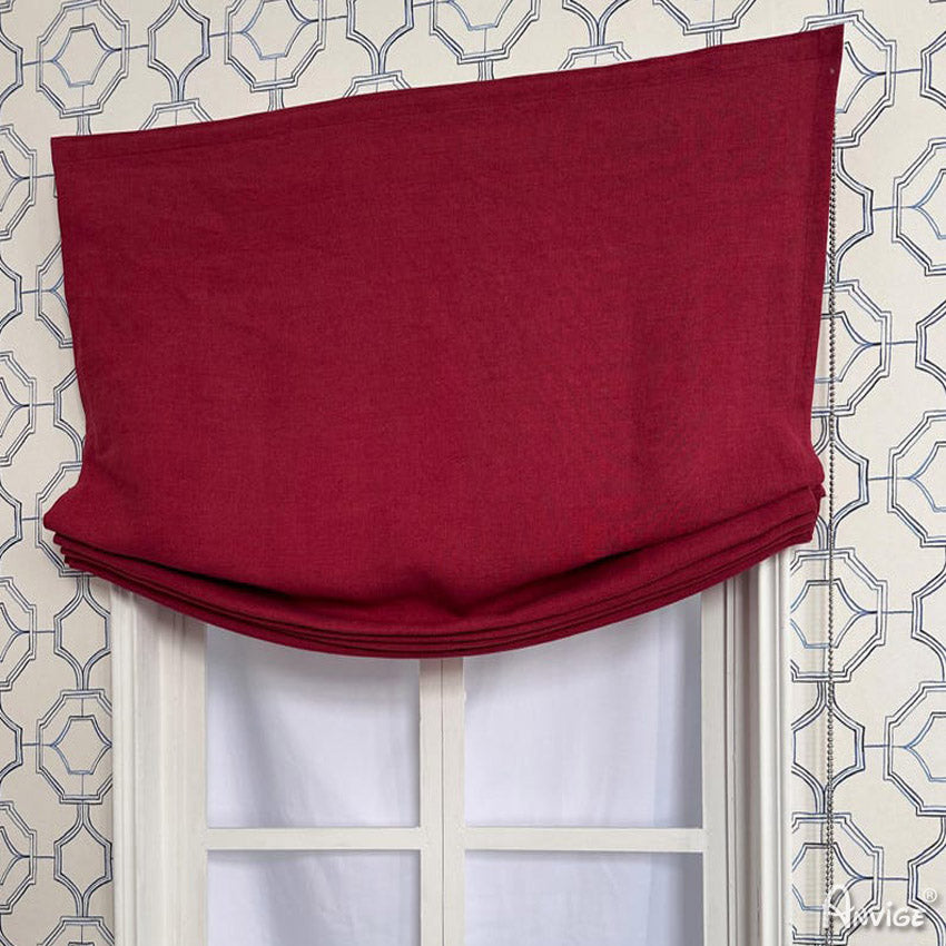 Close-up of Anvige Relax Roman Shades in deep red fabric, partially folded on a window. Ideal for personalized home decor and privacy.