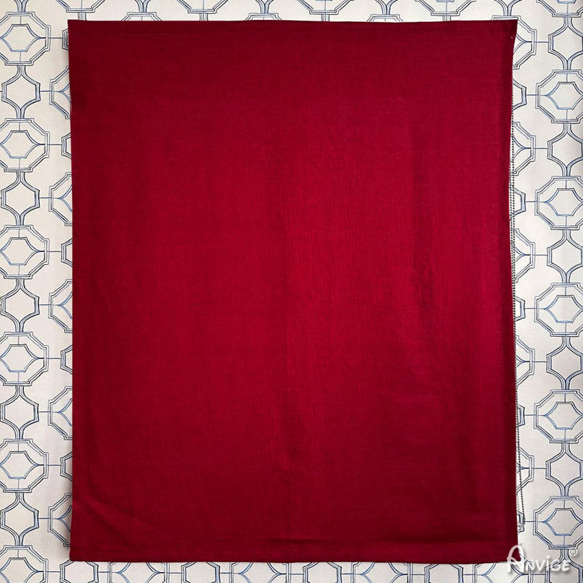 Anvige Relax Roman Shades in deep red fabric fully extended, showcasing light-filtering or blackout options. Perfect for custom window treatments.