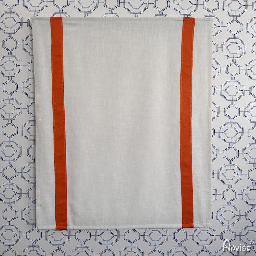 Relax Roman Shades fully extended, showcasing white fabric with bold orange vertical stripes. Perfect for modern window treatments with custom sizing.