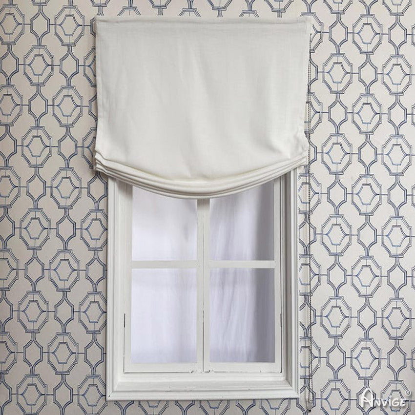 Relax Roman Shades in white fabric, custom-fit for windows, featuring a light-filtering design with a soft draped style.