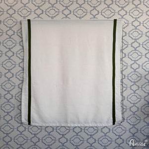 Anvige Roman Shades fully extended in white fabric with green trim, displayed against geometric-patterned wallpaper. Customizable window treatment.