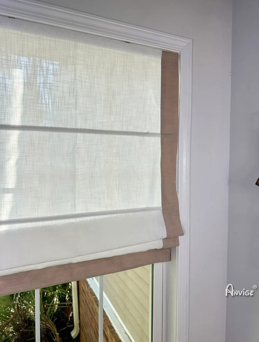 Anvige Flat Roman Shades,Hardware For Installation Included,Window Treatment,Custom Roman Blinds,White Cotton Linen With Coffee Border Trims