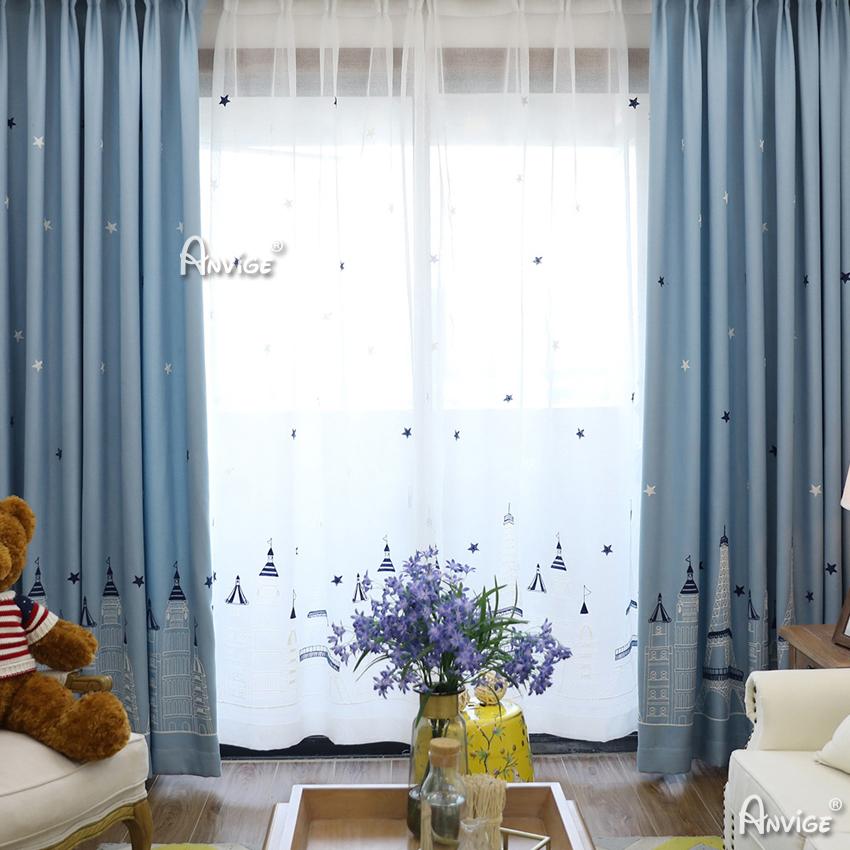 Cartoon Curtain ANVIGE Cartoon Children Embroidered Castle Blue Curtains,Grommet Window Curtain Blackout Curtains For Living Room,52''Wx63''L,1 Panel roman shades roman blinds curtains window treatment window shade window blind customized roman shades curtain drapes curtains for living room