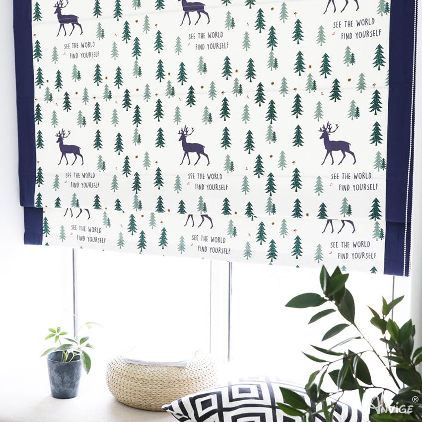 Roman Shade ANVIGE Cartoon Forest Deers With Navy Blue Valance Customized Roman Shades ,Easy Install Washable Curtains ,Customized Window Curtain Drape, 24"W X 64"H roman shades roman blinds curtains window treatment window shade window blind customized roman shades curtain drapes curtains for living room