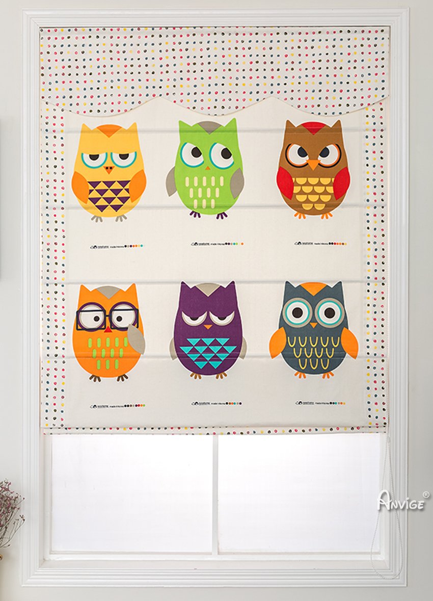 Roman Shade ANVIGE Cartoon Owls Printed With Valance Customized Roman Shades ,Easy Install Washable Curtains ,Customized Window Curtain Drape, 24"W X 64"H roman shades roman blinds curtains window treatment window shade window blind customized roman shades curtain drapes curtains for living room