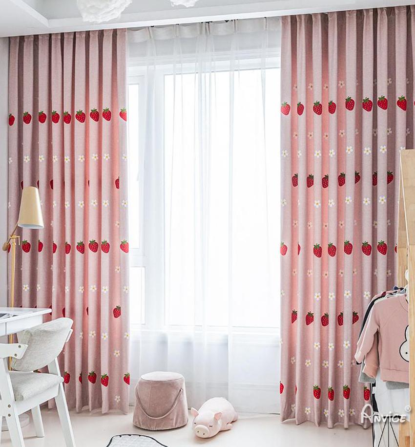 Cartoon Curtain ANVIGE Cartoon Pink Strawberries Embroidered,Grommet Window Curtain Blackout Curtains For Living Room,52''Wx63''L,1 Panel roman shades roman blinds curtains window treatment window shade window blind customized roman shades curtain drapes curtains for living room