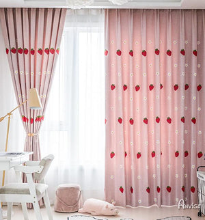 Cartoon Curtain ANVIGE Cartoon Pink Strawberries Embroidered,Grommet Window Curtain Blackout Curtains For Living Room,52''Wx63''L,1 Panel roman shades roman blinds curtains window treatment window shade window blind customized roman shades curtain drapes curtains for living room