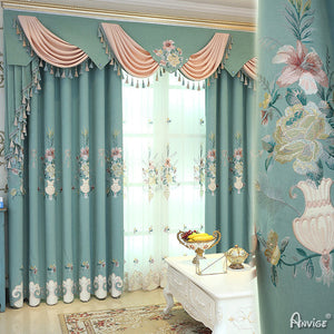 Anvige Home Textile Luxury Curtain ANVIGE Chinese Style Flowers Embroidered Curtain With Valance,Custom Made Blackout Window Drapes For Living Room