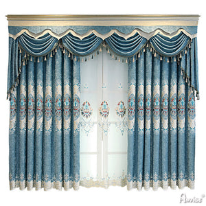 Anvige Home Textile Luxury Curtain ANVIGE European Blue Flowers Embroidered Curtain With Valance,Custom Made Blackout Window Drapes For Living Room