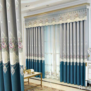 Anvige Home Textile Luxury Curtain ANVIGE European Grey and Blue Embroidered Curtain With Valance,Custom Made Blackout Window Drapes For Living Room