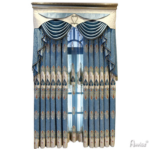 Anvige Home Textile Luxury Curtain ANVIGE European Retro Blue Embroidered Curtain With Valance,Custom Made Blackout Window Drapes For Living Room