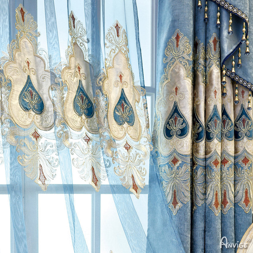 Anvige Home Textile Luxury Curtain ANVIGE European Retro Blue Embroidered Curtain With Valance,Custom Made Blackout Window Drapes For Living Room