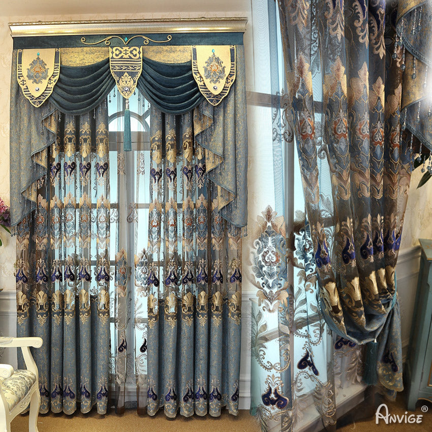 Anvige Home Textile Luxury Curtain ANVIGE European Retro Embroidered Curtain With Valance,Custom Made Blackout Window Drapes For Living Room