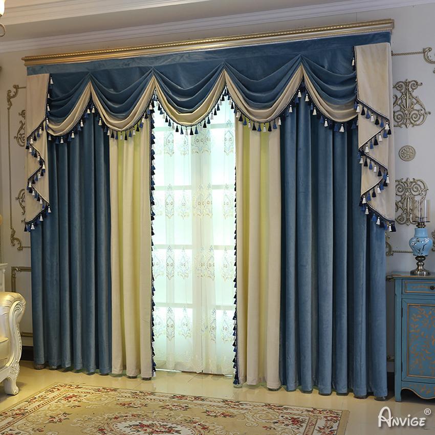 Luxury Curtain ANVIGE European Roral Luxury Vlevet Beige and Blue Curtains High Quality Valance,Blackout and Sheer Window Curtain With Grommet Top,52''Wx84''L,1 Panel roman shades roman blinds curtains window treatment window shade window blind customized roman shades curtain drapes curtains for living room