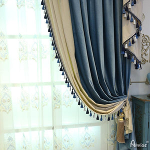 Luxury Curtain ANVIGE European Roral Luxury Vlevet Beige and Blue Curtains High Quality Valance,Blackout and Sheer Window Curtain With Grommet Top,52''Wx84''L,1 Panel roman shades roman blinds curtains window treatment window shade window blind customized roman shades curtain drapes curtains for living room