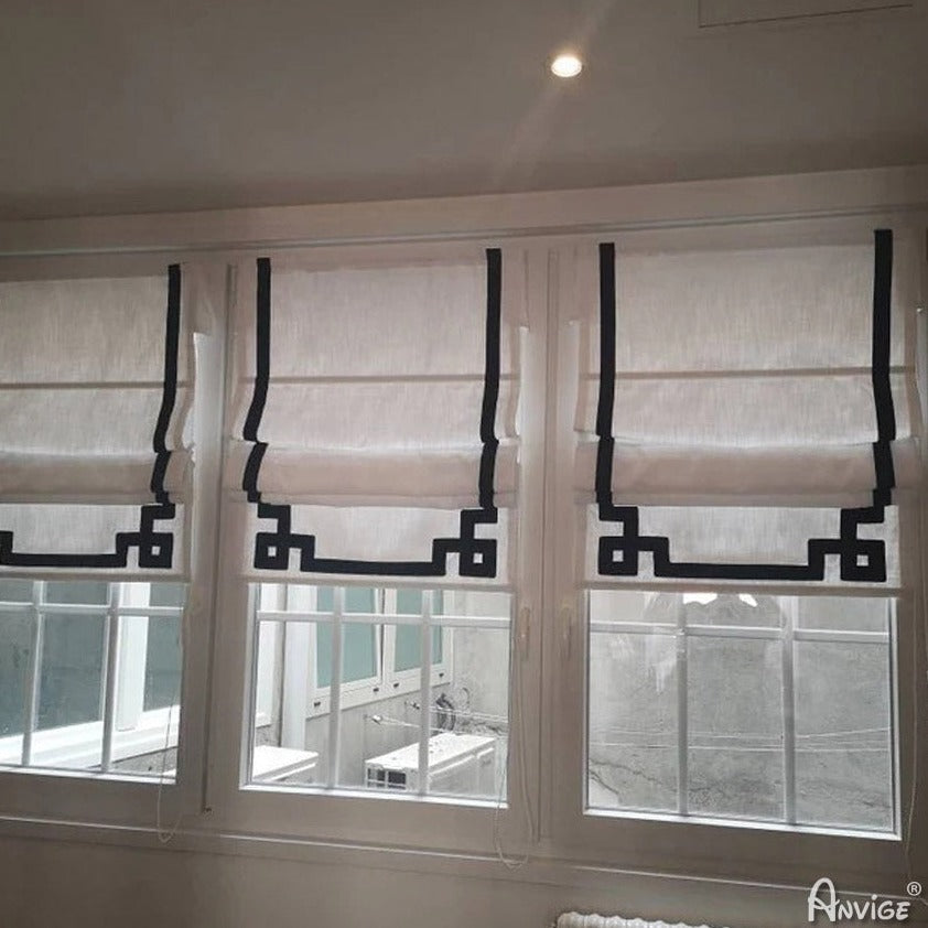 Anvige Home Textile Roman Shade Anvige Flat Roman Shades,Hardware For Installation Included,Window Treatment,Custom Roman Blinds,White With Black Geometric Trims