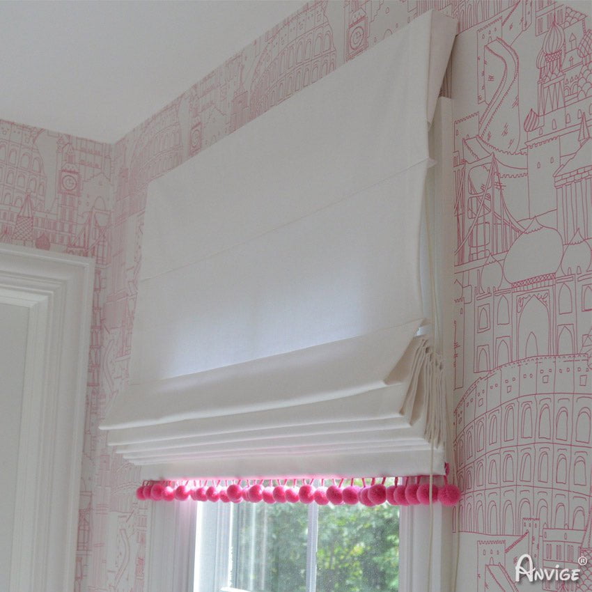 Roman Shade Anvige Flat Roman Shades,Hardware For Installation Included,Window Treatment,Custom Roman Blinds,White With Pink Pompom roman shades roman blinds curtains window treatment window shade window blind customized roman shades curtain drapes curtains for living room