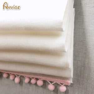 Roman Shade Anvige Flat Roman Shades,Hardware For Installation Included,Window Treatment,Custom Roman Blinds,White With Pink Pompoms roman shades roman blinds curtains window treatment window shade window blind customized roman shades curtain drapes curtains for living room