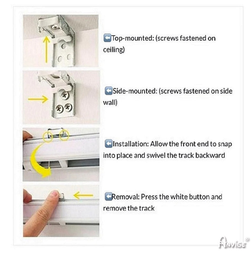 Installation guide for Anvige flat Roman shades, showing top-mounted and side-mounted brackets, track snapping, and removal instructions.