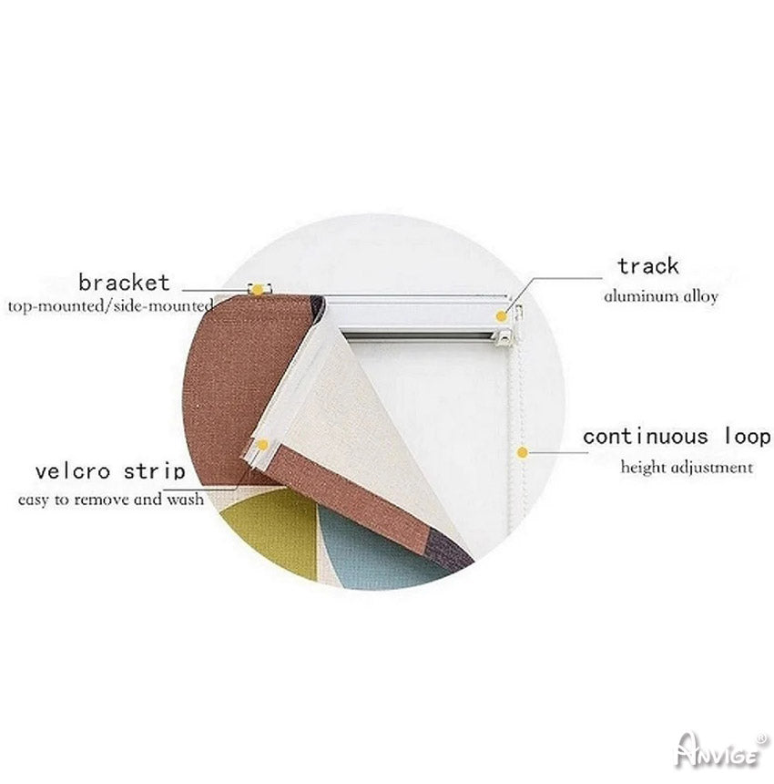 Detailed components of Anvige flat Roman shades, including aluminum alloy track, continuous loop, velcro strip, and mounting brackets.