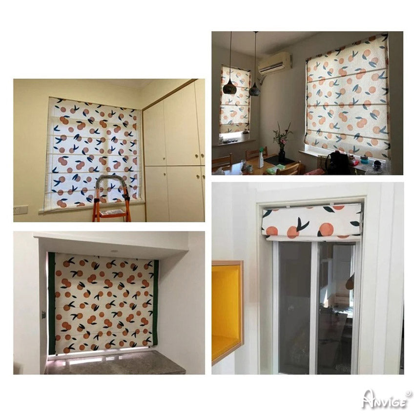 Multiple installations of Anvige flat sheer Roman shades with fruit print fabric, showcasing versatility in various room settings.