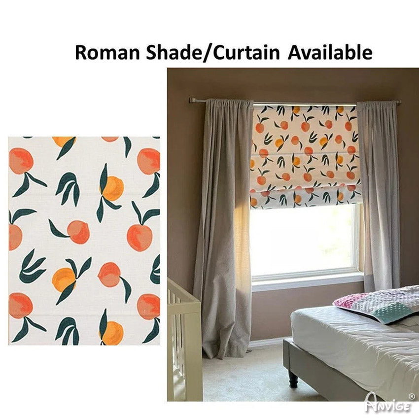 Custom Anvige Roman shades with fruit print fabric displayed in a bedroom, paired with curtains for a cozy and decorative look.