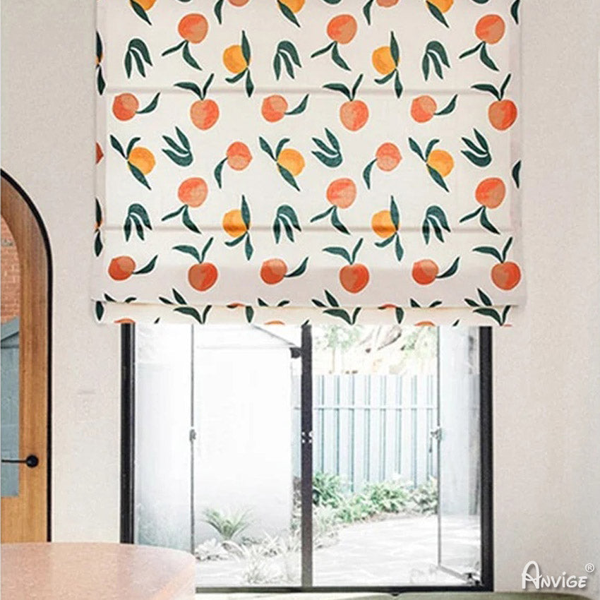 Anvige flat sheer Roman shades with pastoral fruits printed fabric, installed on a window, offering a stylish and functional window treatment.