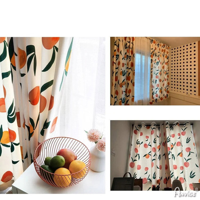 Pastoral fruits printed fabric used for Anvige Roman shades and curtains, styled in different room setups for a cohesive decor theme.