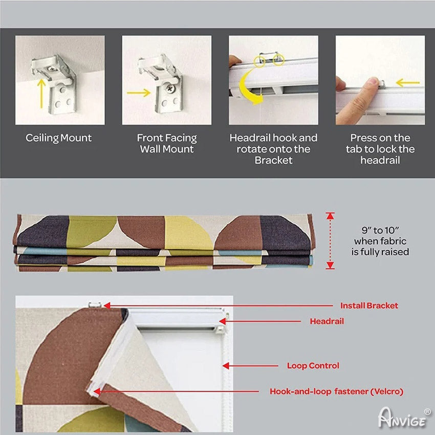 Detailed installation guide for Anvige Roman shades, including brackets, headrail, and loop control for easy setup and use.