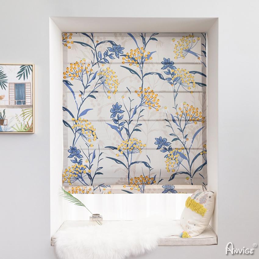 Roman Shade ANVIGE Garden Blue and Yellow Flowers Printed Customized Roman Shades ,Easy Install Washable Curtains ,Customized Window Curtain Drape, 24"W X 64"H roman shades roman blinds curtains window treatment window shade window blind customized roman shades curtain drapes curtains for living room