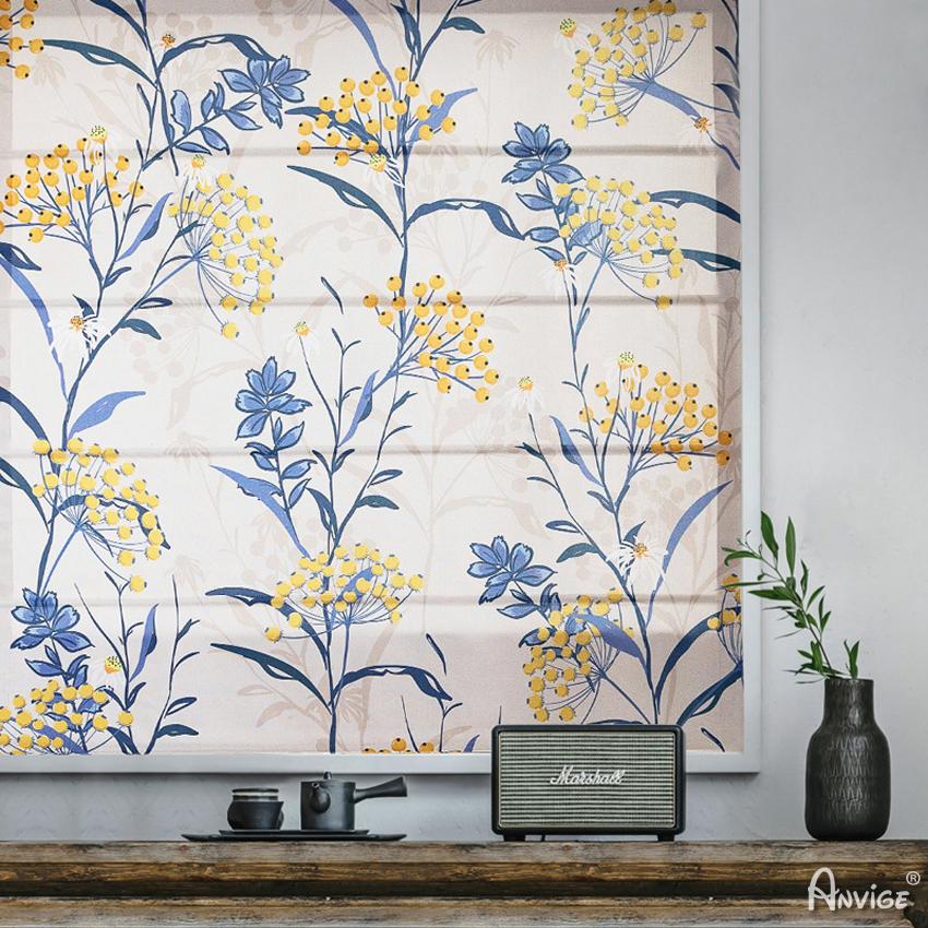 Roman Shade ANVIGE Garden Blue and Yellow Flowers Printed Customized Roman Shades ,Easy Install Washable Curtains ,Customized Window Curtain Drape, 24"W X 64"H roman shades roman blinds curtains window treatment window shade window blind customized roman shades curtain drapes curtains for living room