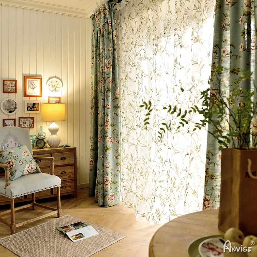 Pastoral Curtain ANVIGE Garden Green Blue Cotton Linen Fabric Flowers Printed,Grommet Window Curtain Blackout Curtains For Living Room,52''Wx63''L,1 Panel roman shades roman blinds curtains window treatment window shade window blind customized roman shades curtain drapes curtains for living room