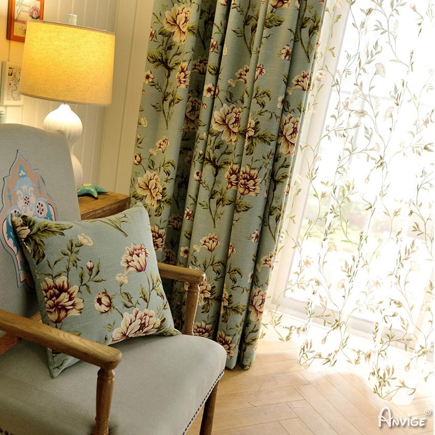 Pastoral Curtain ANVIGE Garden Green Blue Cotton Linen Fabric Flowers Printed,Grommet Window Curtain Blackout Curtains For Living Room,52''Wx63''L,1 Panel roman shades roman blinds curtains window treatment window shade window blind customized roman shades curtain drapes curtains for living room