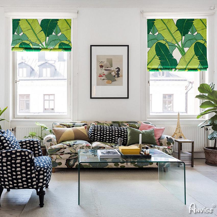 Roman Shade ANVIGE Green Banana Leaves Printed Customized Roman Shades ,Easy Install Washable Curtains ,Customized Window Curtain Drape, 24"W X 64"H roman shades roman blinds curtains window treatment window shade window blind customized roman shades curtain drapes curtains for living room