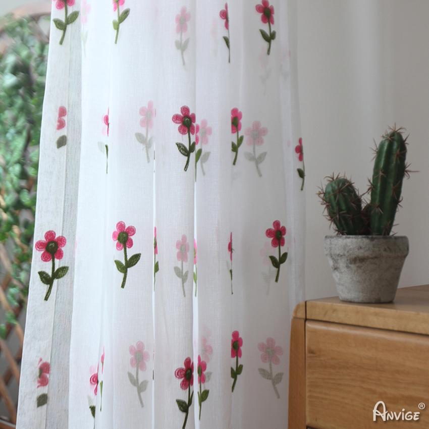 Sheer Curtain ANVIGE High Quality Cotton Linen Pink Flower Embroidered,Grommet Window Curtain Sheer Curtains For Living Room,52''Wx63''L,1 Panel roman shades roman blinds curtains window treatment window shade window blind customized roman shades curtain drapes curtains for living room