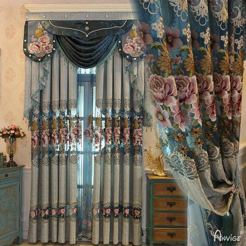 Anvige Home Textile Luxury Curtain ANVIGE European Emboirdered Curtains Luxury Valance,Custom Made Blackout Window Drapes For Living Room