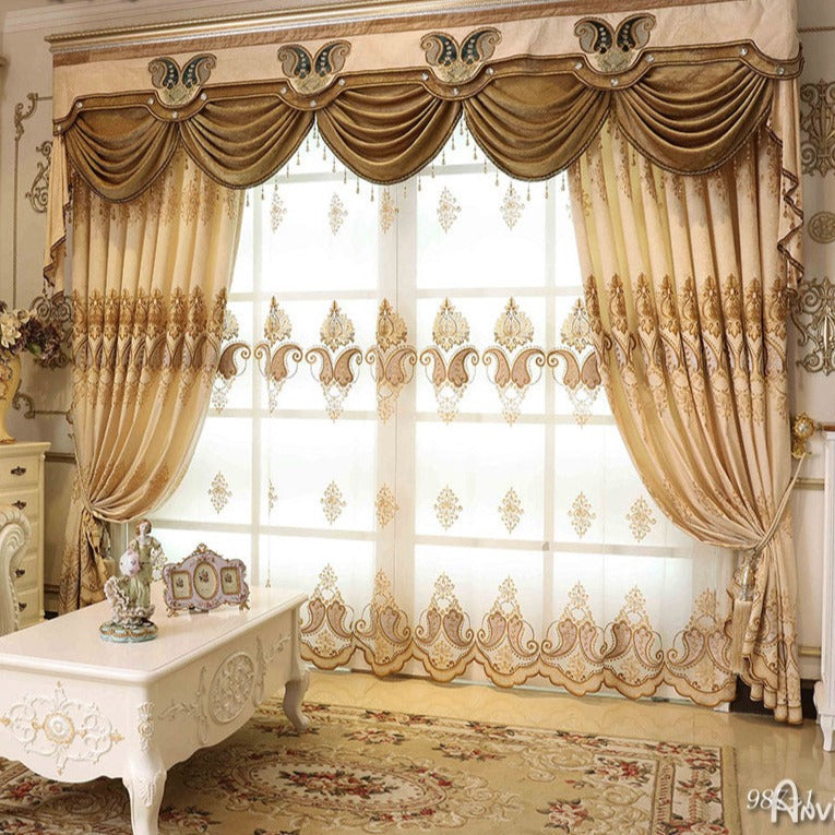 Anvige Home Textile Luxury Curtain Copy of ANVIGE Brown Embroidered Gold Curtains For the Living Room Customized Valance,Blackout and Sheer Window Curtain With Grommet Top,52''Wx84''L,1 Panel