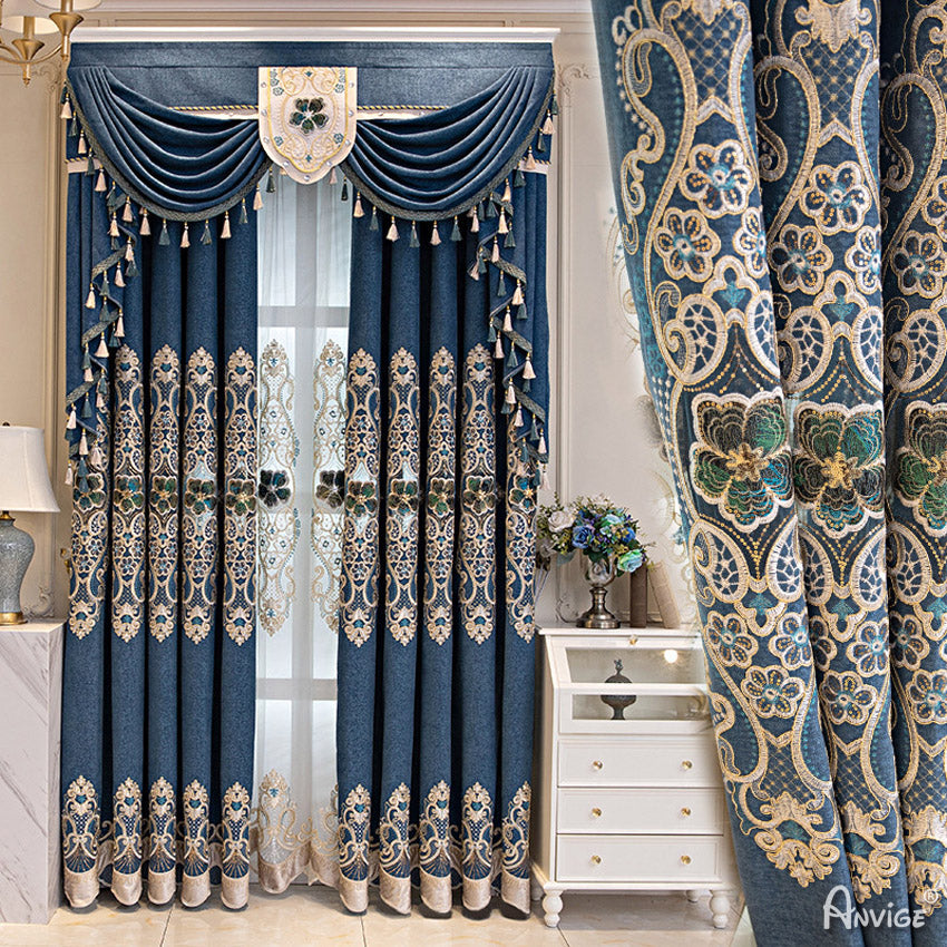 Anvige Home Textile Luxury Curtain ANVIGE European Embroidered Curtains Luxury Valance,Custom Made Blackout Window Drapes For Living Room