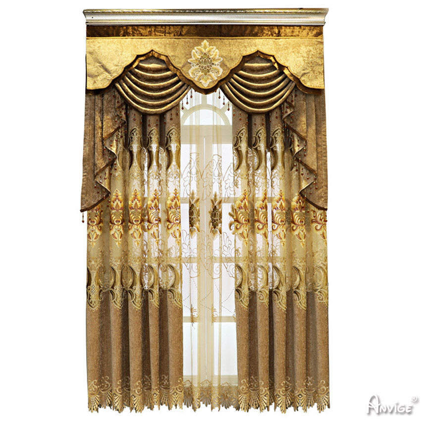 Anvige Home Textile Luxury Curtain ANVIGE European Fashion Embroidered Curtain With Valance,Custom Made Blackout Window Drapes For Living Room