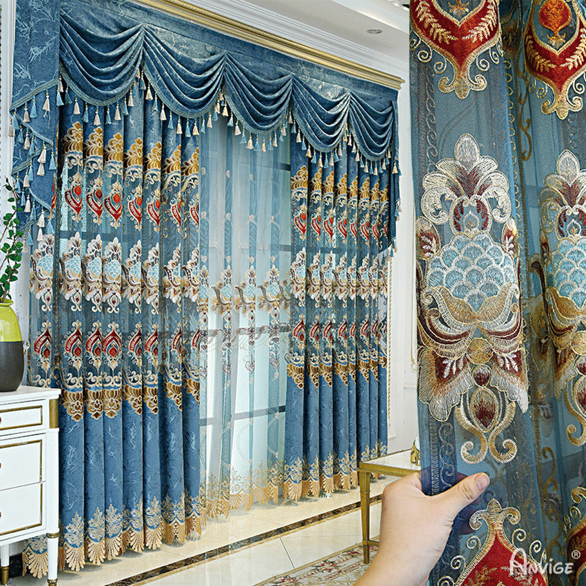 Anvige Home Textile Luxury Curtain ANVIGE European Luxury Blue Curtain Embroidered,Custom Made Blackout Window Drapes For Living Room