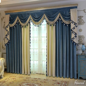 ANVIGE European Roral Luxury Vlevet Beige and Blue Curtains High Quality Valance,Blackout and Sheer Window Curtain With Grommet Top,52''Wx84''L,1 Panel