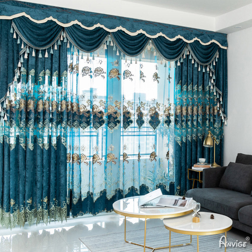 Anvige Home Textile Luxury Curtain ANVIGE Luxury Blue Chenille Fabric Emboridered Curtains,Customized Valance,Window Treatment For Living Room