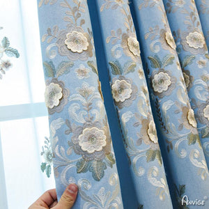 ANVIGE Pastoral Blue Flowers Embroidered Customized Curtains Luxury Valance,Blackout and Sheer Window Curtain With Grommet Top,52''Wx84''L,1 Panel